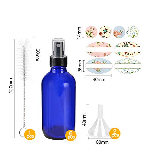 6 Pack 120 ml 4oz Blue Glass Spray Bottles with Fine Mist Sprayer & Dust Cap for Essential Oils, Perfumes,Cleaning Products.Included 1 Brush, 2 Funnels,2 Droppers & 12 Labels.