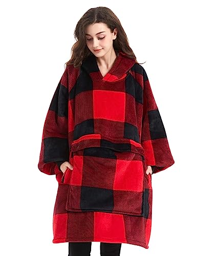 Image of KFUBUO Wearable Blanket Hoodie for Adults With Pocket Sherpa Red Plaid | Sherpa, Fuzzy Blanket Hoodie, Oversized Sweatshirt Blanket, Kangaroo Pouch, Cute Gifts for Women, Cute Stuff