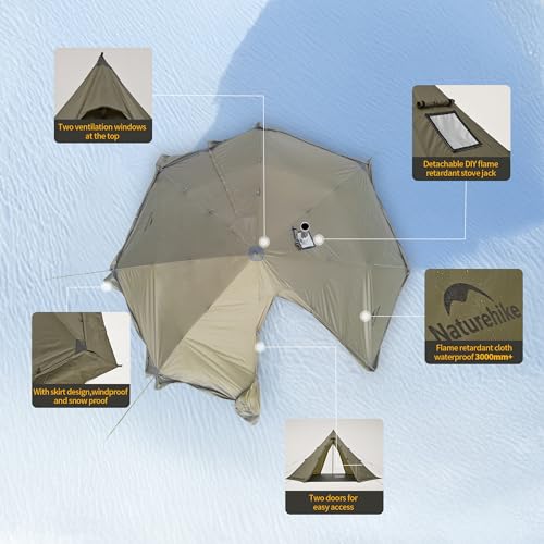 Image of Naturehike Ranch Fire Teepee Tent, Cold Weather Winter Hot Tent with Stove Jack, 4-6 Person Waterproof Windproof 4 Season Tents for Camping