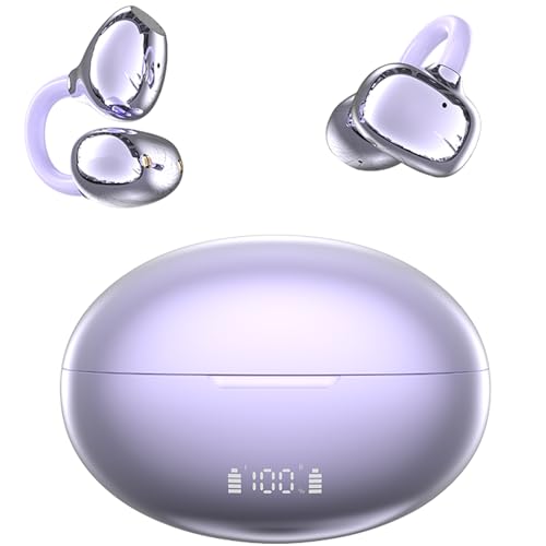 Image of ClipFree Open-Ear Headphones, Upgraded V6.1 Bluetooth Wireless headsets, Comfort & Snug Fit Clip On Earbuds, Smart Power Display, 50H Playtime Headphones for Women Gifts, Sports & Workouts-Purple