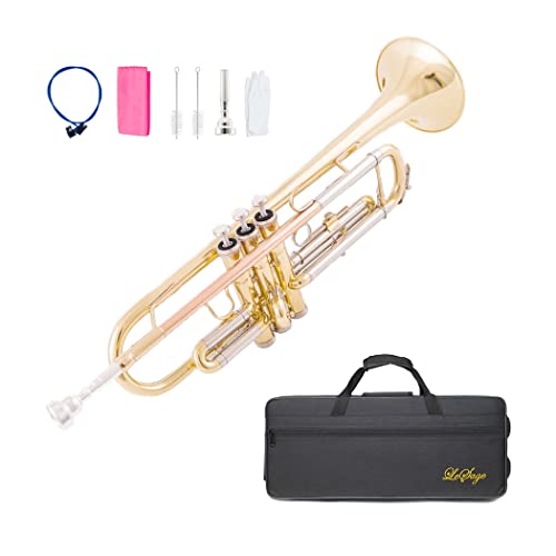 LeSage Brass Trumpet Gold Standard B Flat Trumpet for Student Beginner intermediate Bb Trumpet with Case Gloves 7C Mouthpiece Cleaning Kit Polishing Cloth