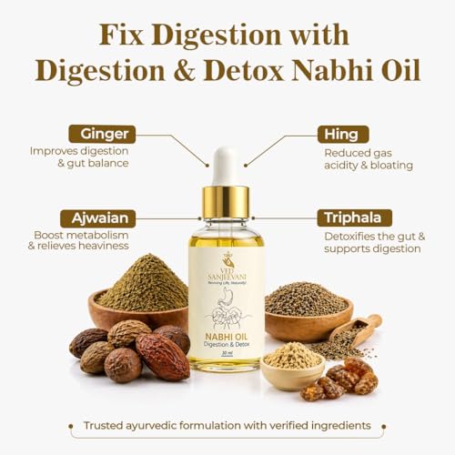 Image of Ved Sanjeevani Digestion & Detox Nabhi Oil | Belly Button Oil with Ancient Herbal Formulation | Bloating Relief, Gas, Acidity & Gut Cleanse | Heals through 72,000 Nadi Navel Therapy | 30ml