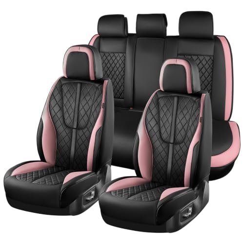 Image of Coverado Car Seat Cover 5 Seats, Luxury Diamond-Pattern Leather Seat Covers Full Set, Durable Waterproof Car Seat Protectors, Black and Pink Seat Cover, Automotive Seat Covers Universal Fit Most Cars