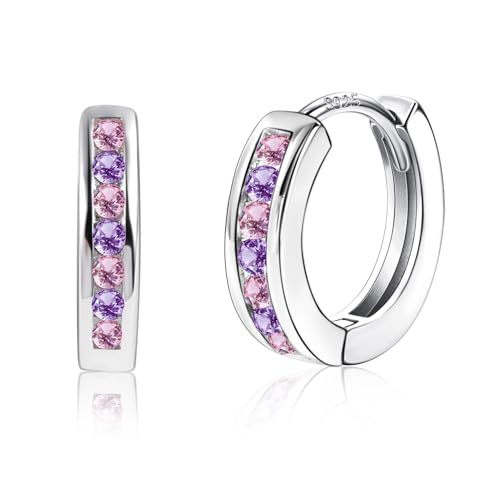 925 Sterling Silver Hoop Earrings Hypoallergenic Small Huggie Cartilage Earrings With Zirconia Diamond Lovely Cute Purple Pink Stone Hoops Huggie Earring for Women girls