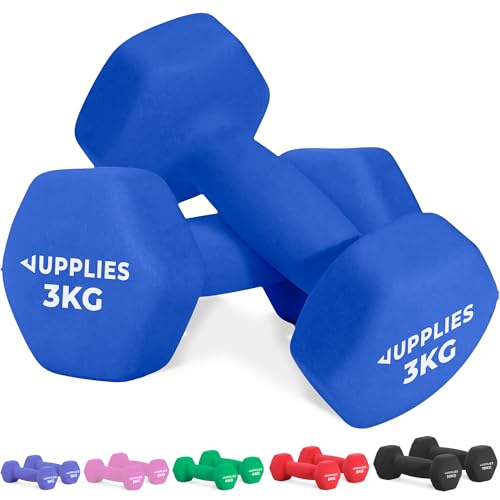 JUPPLIES Juego de Pesas y Mancuernas de Neopreno 1Kg/2Kg/ 3Kg/ 4Kg/ 5Kg/10Kg (Pares) – Antideslizantes y Anti-Rodamiento para Mujer o Hombre, Ejercicios en Casa y Gimnasio