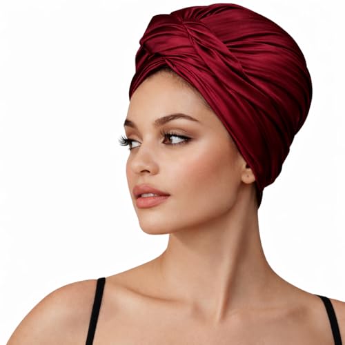 Waterproof Swim Turban Head Wrap for Women – Water Resistant Swimming Turban Cap for Natural Hair, Curly Hair, Braids, Locs & Protective Styles – Comfortable Secure Fit (Wine Red)