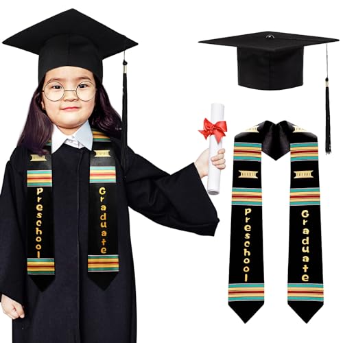 Jiuguva Preschool Graduation Cap and Stole Set, Kindergarten Graduation Hat and Sash with Tassel, Child Size, Kente Style, Black, One Size