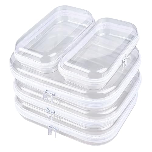 jayuwe 5-Pack Clear Hard Shell Zipper Case With Lids 3 Large and 2 Small Clear Pencil Case Stackable Zipper Pouches Hard Shell for Cosmetics Charging Cables Sketch Supplies