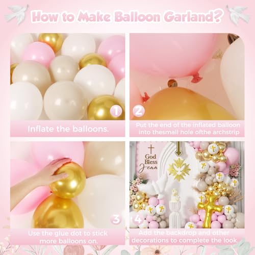 Image of First Communion Balloon Garland Kit 153Pcs, Girl Baptism Balloon, First Holy Communion Decorations, Different Size Pink Gold White Balloon for First Holy Communion Baptism Theme Party Decor