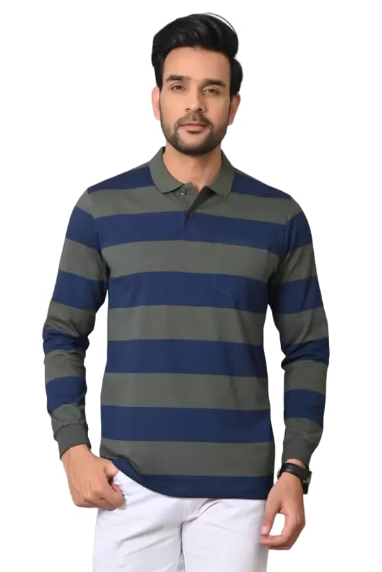 ARBOUR Men Polo Neck Stripes Pocket Full Sleeves T-Shirt