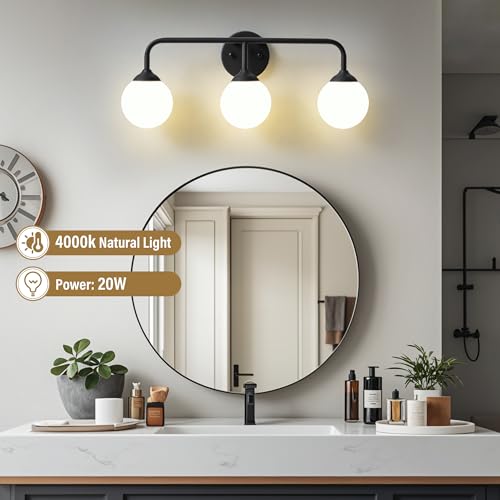 Image of Bathroom Light Fixtures - 3 Light Brushed Brass Vanity Light Over Mirror for Bathroom Mirror Living Room Bedroom, Black Bathroom Wall Sconce with Frosted Glass Shade, 3 G9 Bulbs Included