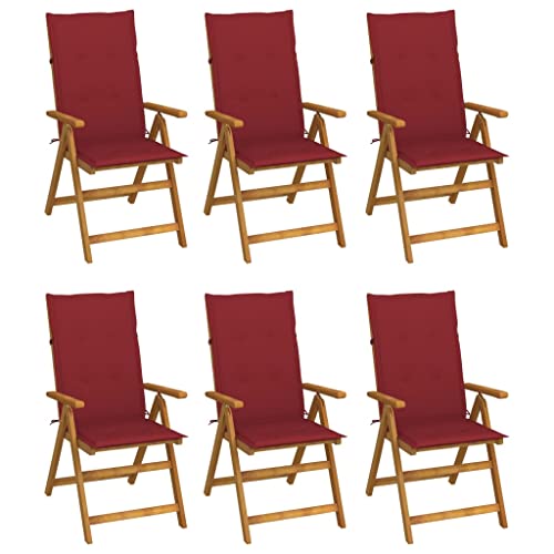 Homgoday Sillas de jardín Plegables 6 uds y Cojines Madera Maciza Acacia sillas Jardin Exterior sillas terraza Exterior Rojo Vino Tinto 120 x 50 x 3 cm