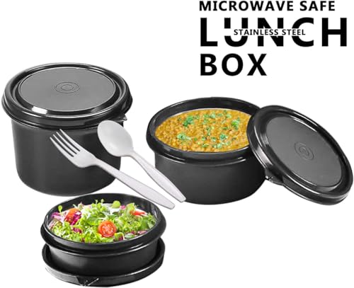 Image of PRESCO Stainless Steel Teso Container Set | Microwave Safe and Dishwasher Safe Food Storage Bowls with Airtight Lids | Leak-Resistant Lunch Bowls (Set of 3) (Black)