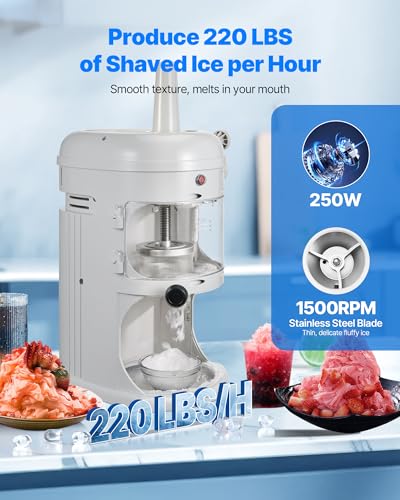 Image of VEVOR Commercial Ice Shaver Crusher, 220lbs /hr Electric Fluffy Ice & Snow Cone Machine, 250W 1500RPM Tabletop Fluffy Shaved-Ice Machine for Parties Events Snack Bar, Home and Commercial Use (White)