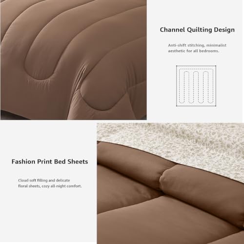Image of Monbix King Size Comforter Set, 7 Pieces Soft Bed in a Bag King Bedding Set | All Season Brown Track Stitching Comforter with Printed Sheets, Pillowcases & Shams