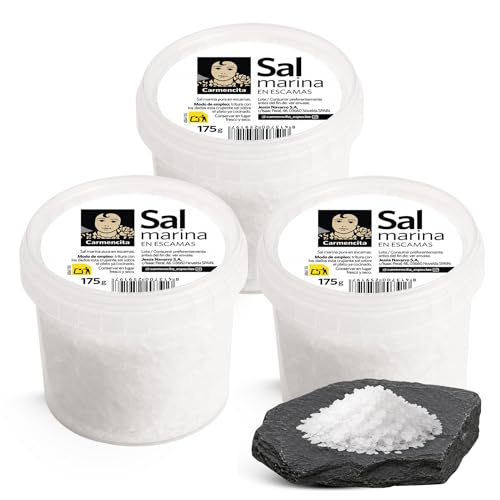 Sal Marina Escamas 100% natural Carmencita, Formato Tarrina PET, Apta para realzar platos, sazonar carnes, pescados y verduras, especialmente a la parrilla, Sin Gluten, Contiene 3 unidades de 175 g