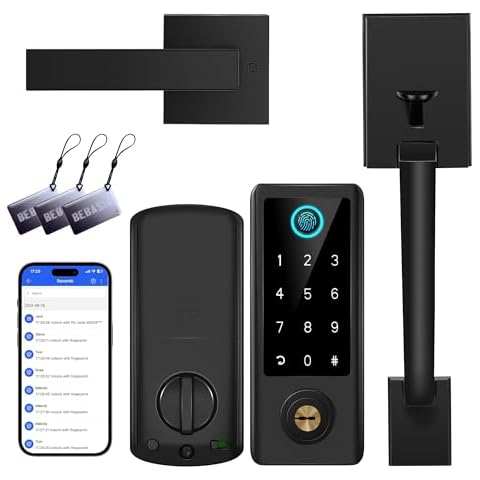 Fingerprint Door Lock with Handle Sets, BEBASIA Keyless Entry Door Lock Deadbolt, Bluetooth Front Door Lock Set, Smart Door Lock, Electronic Keypad Door Lock with Handle, Digital Smart Deadbolt, Black Cover