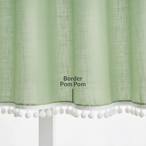 Image of HOMEMONDE Sheer Curtains with Decorative Side Border Pompom Curtain for Customize, Linen Textured Light Filtering, Rod Pocket, 1 Piece - Mint Green