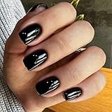 Ceboic 24 Stück Schwarz Press on Nails, Französische Künstliche Nägel Kurz Eckig, Reine Farbe Acryl Full Cover Falsche Nägel, Natürlich Wiederverwendbare Nägel zum Aufkleben für Frauen Mädchen