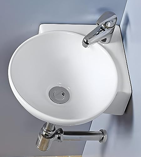 Image of Ceramic Wash Basin | 16.3 x 13.8 x 4.3 inch | Wall Hung Basin | Wall Mounted Corner | White |