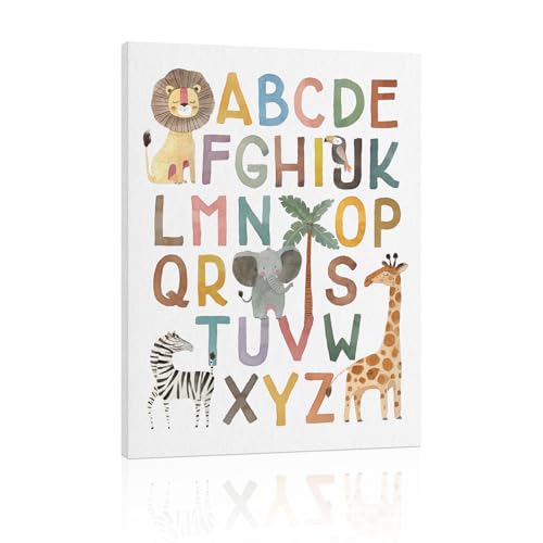 Image of ABC Poster Nursery Wall Decor: Safari Jungle Nursery Pictures Wall Art for Kids Boys, Toddler Room Playroom Decor Baby Animal Alphabet Theme 12"x16"