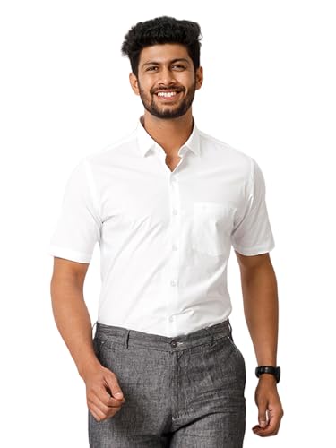 Image of RAMRAJ COTTON Men White Half Sleeve Shirt Crafted For Comfort| Durability| And Timeless Everyday Style