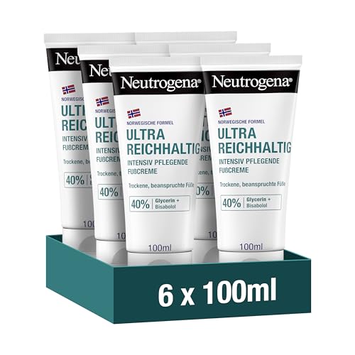 Neutrogena Sofort einziehende Fußcreme (6x100ml), feuchtigkeitsspendende Fußpflege Creme mit 15prozent Glycerin plus Vitamin E, Norwegische Formel Feuchtigkeitscreme für normale und trockene Füße
