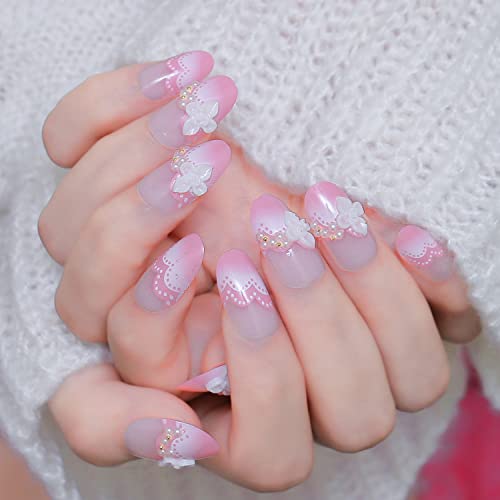 Flower Press On Nails Medium Length, White Camellia Fake Nails With Pearls Spring Nail Art Supplies Acrylic Ballet Pink Self-Adhesive False Nails Press On Nails Manicure Tips For Women, 24Pcs #TOP2