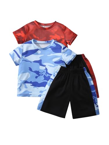 Image of Boys Shorts Set 4 Pieces Athletic Outfits Short Sleeve Tee Shirt and Summer Shorts Set 3-12Y