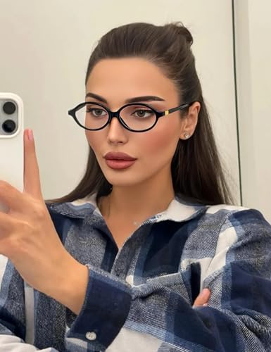 Image of Slocyclub Fashion Oval Blue Light Blocking Glasses for Women Men Vintage Oval Small Frame Eyeglasses Retro Glasses, Black