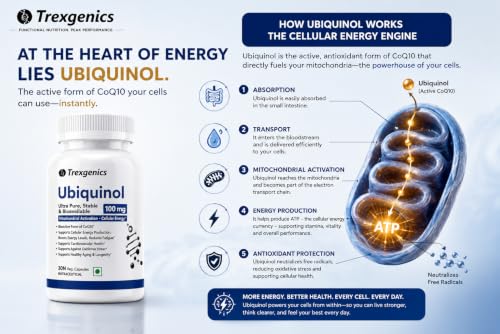 Image of Trexgenics UBIQUINOL 100 mg, Ultra Pure, Stable, Bioavailable, Mitochondrial Function, Cellular Energy, Longevity, Antioxidant (30 Veg Capsules)