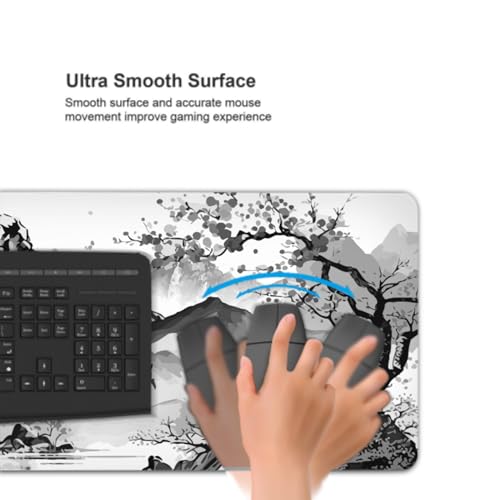 Image of Black White Japanese Watercolor Cherry Blossom Gaming Mouse Pad 35.4x15.7 XXL Extended Mousepad Large Keyboard Mouse Mat Desk Pad with Non-Slip Rubber Base Stitched Edges for Home Office Game