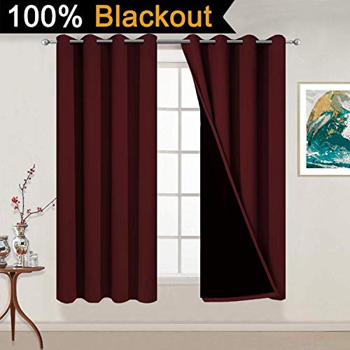 Image of Yakamok Burgundy Red Blackout Curtains 54 Inches Long for Bedroom 52 inch Wide | Blackout Curtain Panels for Bedroom, 2 Thick Layers Grommet Top Thermal Insulated Drapes with Black Liner for Living Room