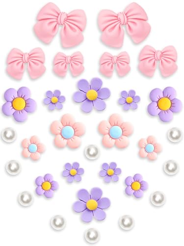 Acwenie 30Pcs Resin Shoe Charms for Girls Set, Cute Pink Bow Flower Accessories for Clog Sandals, Pearl Decoration for Women, DIY Party Favor