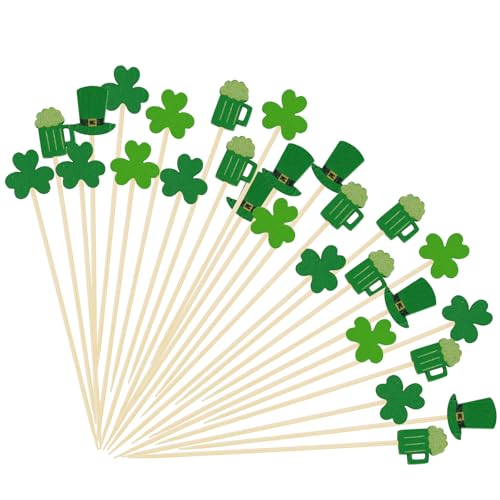 100PCS St. Patrick's Day Cocktail Picks 4.7 Inch, Shamrock Irish Green Beer Cocktail Picks Fancy Toothpicks for Appetizers Bamboo Sandwich Toothpicks Fruit Skewers for Holiday Decoration (St Patrick)