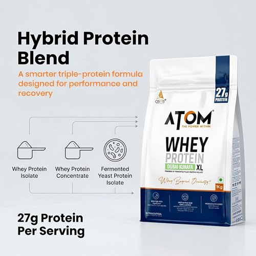 Image of AS-IT-IS ATOM Whey Protein XL, Dubai Kunafa, 1kg - with DigeZyme & Fermented Yeast Protein I High Absorption, Supports Muscle Growth, Recovery & Strength - Hybrid Protein for All Day Fuel