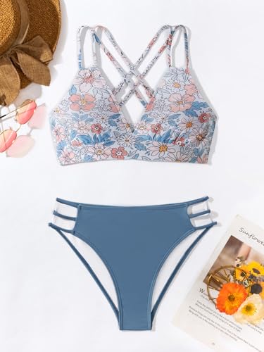 Image of Fanuerg Women's Sexy V Neck Bikini Sets Hollow Out Two Piece Swimsuits Cutout Mid Waist Bathing Suit