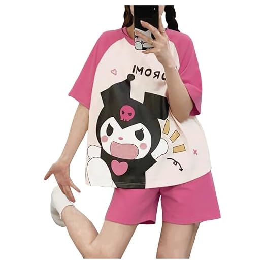 Satdflie KU-romi Cartoon Conjunto de Pijama Verano con Camiseta y Pantalones Corto 2 Piezas Ropa de Domir de Manga Corta para Petite Mujer Niña, Rojo, XL