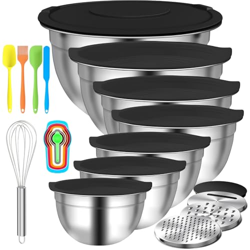 Menbyci 7 Pcs Mixing Bowls with Lids,Stainless Steel Mixing Bowls with 3 Grater Attachments,Kitchen Utensils,Mixing Bowl Set for Kitchen Mixing Baking Prepping Cooking Serving