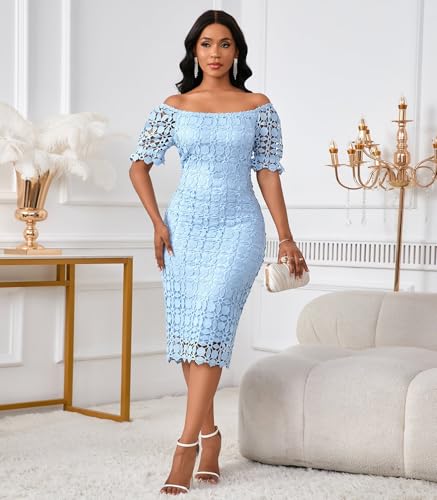 Image of Cololura Elegant Sexy Floral Lace Short Sleeve Off Shoulder Evening Gown Party Formal Bodycon Midi Dress
