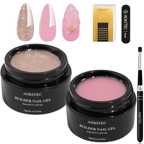 Kit de gel de construction pour ongles Aokitec 2 pièces - Gel dur de construction rose pailleté avec 100 capsules et pinceau pour extensions, réparations, french...