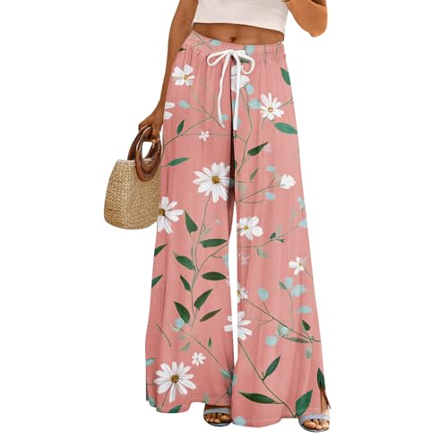 Womens Flowy Casual Trousers Cruise Outfits Summer High Waisted Palazzo Pant Floral Boho Loose Wide Leg Pants