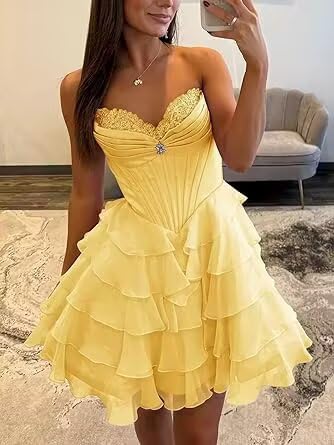 Strapless A-line Chiffon Homecoming Dresses Tiered Ruffle Prom Party Dress Cheap Applique Evening Gown2