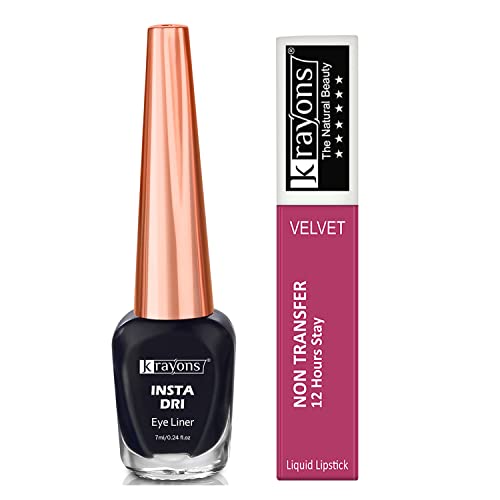 Image of Krayons Insta Dri Sparkling Eyeliner, Black, 7ml And Power Stay Nontransfer 12hrs Stay Matte Liquid Lipstick, Pink Glam, 4ml