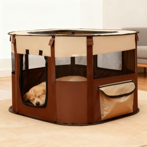 Welpenlaufstall Tierlaufstall - 70x55x40cm Faltbarer Haustierzaun,Oxford Wasserdichter Welpenauslauf,Welpenauslauf Rechteckiges Zelt für Hunde, Katzen und Kleintiere (Braun)