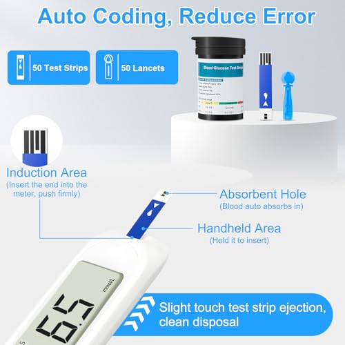 Image of Blood Sugar Monitor,Glucose Monitor Kit with 50 Test Strips & 50 Lancets for Diabetes Testing, Blood Glucose Meter with Auto Eject, No Coding & Large LCD for Seniors