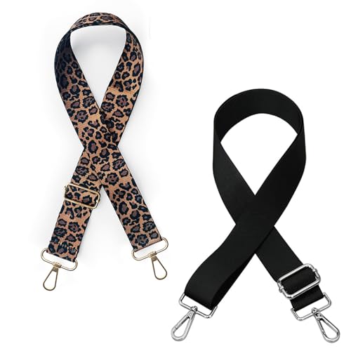 2 Stück Taschengurt Schultergurt Für Taschen, Verstellbarer Tragegurt Mit Schnalle, 140 cm Länge 3.8 cm Breite, Nylon Schulterriemen Crossbody Bag Damen Breiter Gurt, (Leopard, Schwarz)
