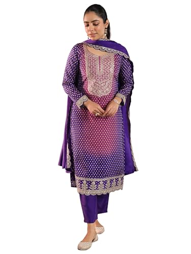 Image of Libas Printed Silk Blend Straight Kurta With Trouser and Dupatta