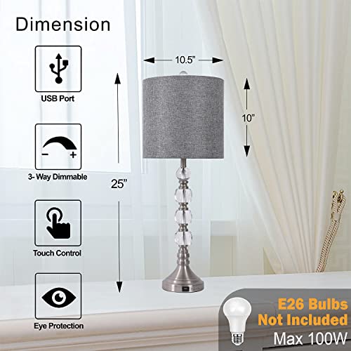 Lamps For Bedrooms Set Of 2 With Touch Control, 25" Tall Table Lamps With Usb Port & Grey Fabric Drum Shade, 3-Way Dimmable Bedside Lamp With Metal Base & Crystal Balls Design For Living Room, Bedroom #TOP2