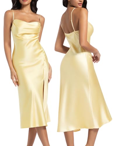 Image of Wedding Guest Dress for Women Spaghetti Strap Satin Slip Dresses | Slit Midi Dress, Cowl Neck, Cocktail, Formal, Evening Party